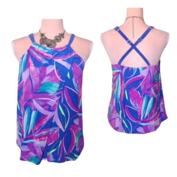 Purple Blue Teal Abstract Printed Wireless Halter Tankini Swim Top Size 12 - Picture 1 of 14